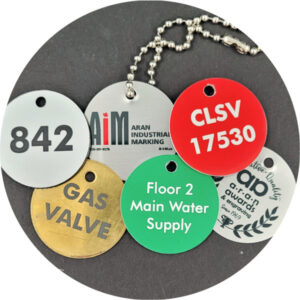 Various metal and plastic valve tags with chain