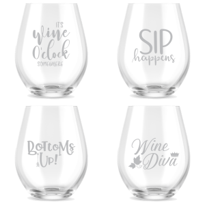 4 stemless wineglass with custom laser engraved sayings like wine diva, bottoms up, wine o'clock and sips happen.