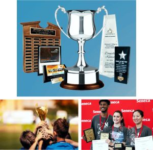 Diverse array of custom trophies, awards, and plaques from Aran Awards & Engraving, featuring a group of young adults proudly displaying their medals and recipients on stage receiving bespoke awards in Hamilton.