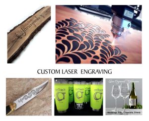 Collage of custom engraved items by Aran Awards & Engraving: live-edge walnut with stylized name, wood under laser engraving, engraved pocket knife, personalized Yeti mugs, and laser-etched wine glasses.