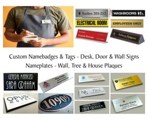 Collage showcasing a range of name badges and signs by Aran Awards & Engraving: man with nametag, desk/door signs with engraved lamacoids, bronze house plaque, braille sign, and assorted name badges.