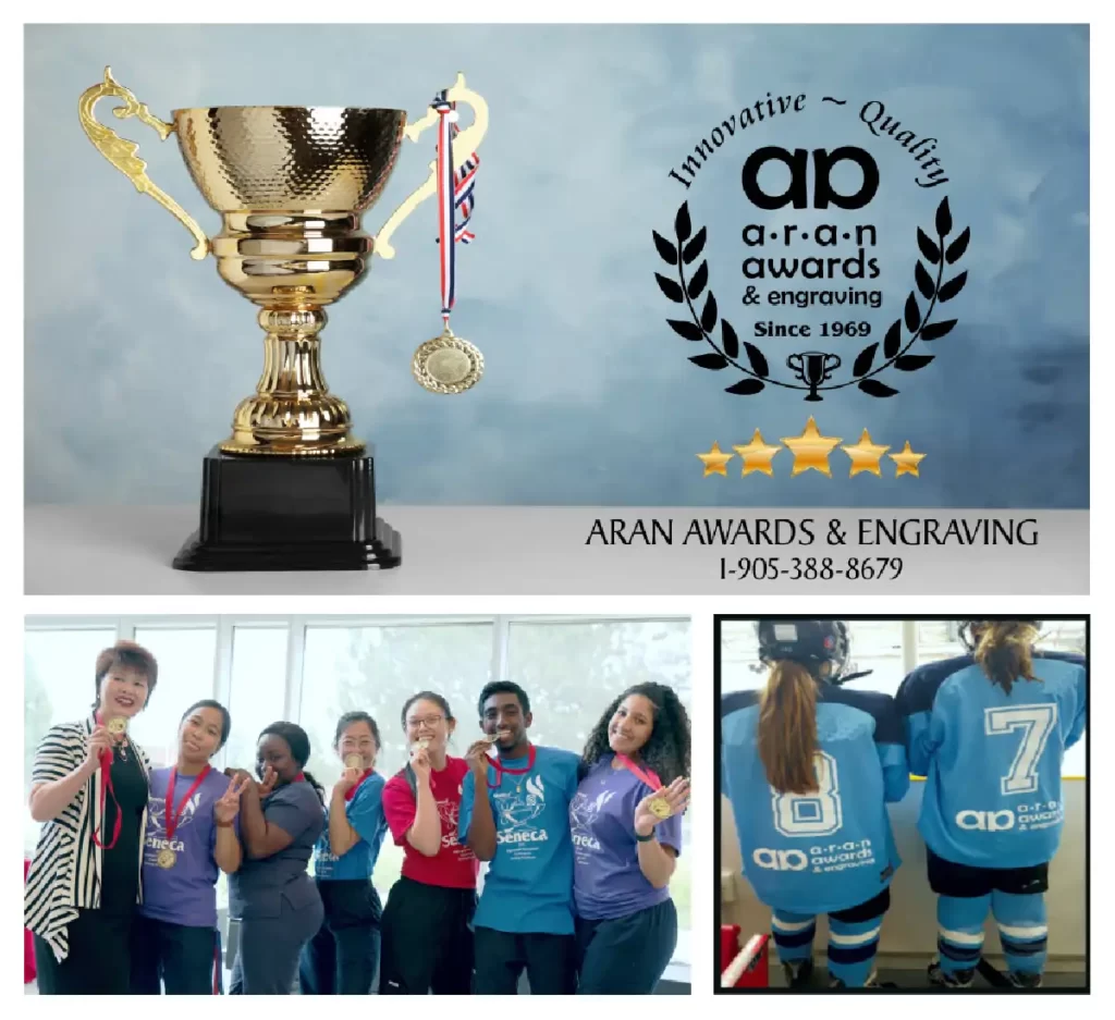A collage featuring a golden trophy and medal on a blue background adorned with Aran Awards & Engraving's logo, name, number, and five gold stars. Below, a group of seven office workers proudly display their winning medals supplied by Aran Awards & Engraving. Another image shows two female minor hockey players in full dress, backs turned to the photographer, watching the game from behind the glass, their jerseys proudly displaying Aran Awards & Engraving's logo. Aran Awards & Engraving proudly supports their team.